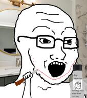 2soyjaks blood bottle closed_mouth glasses hand holding_knife holding_object irl_background knife open_mouth shaved smile soy soyjak stubble text thumbs_up variant:a24_slowburn_soyjak variant:soyak // 708x800 // 321.2KB