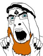 arab bbc beard blue_eyes clothes facial_mark forehead_mark ginger glasses hat keffiyeh muhammad open_mouth orange_hair painted_nails queen_of_spades soyjak star_of_david subvariant:slutson tattoo variant:cobson // 1080x1402 // 350.7KB