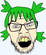 4chan angry anime glasses green_hair hair logo mustache open_mouth soyjak stubble variant:feraljak yellow_teeth yotsoyba // 450x540 // 125.0KB