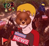 animal arm artist:janzyalgo background badge bear brazil breaking_news closed_mouth clothes crossed_arms emoticon finger full_body glasses gun hand holding_gun irl_background leaf maple_leaf nate ninja red_flag rio_de_janeiro smug soyjak stubble text that_one_fucking_picture_of_nate_being_a_smug_little_bastard tudo_dois v_sign variant:soyak white_text yellow_hair // 1596x1500 // 2.1MB