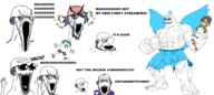 angry arm blood bloodshot_eyes clothes crying distorted frog full_body glasses hand multiple_soyjaks open_mouth pepe soyjak stretched_mouth stubble subvariant:waow text tshirt twitch twitter variant:cryboy_soyjak variant:soyak vinesauce wing // 5000x2239 // 1.6MB