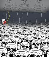 background blood bloodshot_eyes cloud crowd glasses grey_skin head lightning lips multiple_soyjaks open_mouth rain scared shading soyjak stubble subvariant:doctos subvariant:meximutt_front3 thunder variant:a24_slowburn_soyjak variant:meximutt // 1300x1488 // 908.7KB