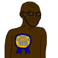 award badge black_skin closed_mouth ear glasses meta:op_took_a_selfie_of_xerself most_retarded_nigger_award nigger retard smile smug soyjak stubble text variant:soyak yellow_sclera // 600x600 // 21.9KB