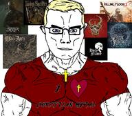 album_cover angel blue_eyes buff christianity chud closed_mouth clothes cross ear glasses hair heart horn i_love killing_floor_2 metal muscles music red_shirt skull soyjak subvariant:chudjak_front subvariant:muscular_chud sword teeth text tshirt variant:chudjak war_of_ages yellow_hair // 1059x929 // 655.7KB