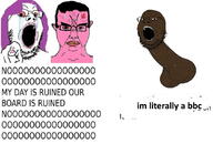3soyjaks anger_mark bbc black_skin bloodshot_eyes crying ear glasses hair hand makeup nsfw open_mouth painted_nails penis pointing purple_hair soyjak stubble subvariant:chudjak_front text tranny variant:chudjak variant:gapejak yellow_teeth // 1080x731 // 145.8KB