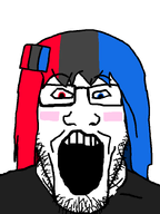 black_shirt blush eyebrows female glasses hair heterochromia looking_at_you merge nintendo nintendo_switch nose open_mouth soysuba stubble teeth variant:markiplier_soyjak variant:soysuba video_game white_background white_skin woman // 600x800 // 33.4KB