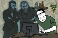 babr background beard bowtie closed_mouth clothes drawn_background ear eyebrows ghost glasses hair hand irkutsk keyboard monitor nose open_eyes seal subvariant:chudjak_front subvariant:perceptive_chud three_soyjaks typing variant:chudjak // 3072x2048 // 2.3MB