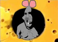 animal animal_ears black_eyes black_sclera board_game buck_teeth cheese chest_hair creepy creepypasta food grey_skin hole looking_at_you nipple ominous rap_rat raprat rat shirtless smile stubble subvariant:hornyson variant:cobson vhs whisker white_pupils // 650x480 // 216.4KB