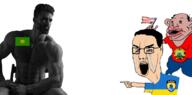 amerimutt arm azov_battalion bloodshot_eyes brown_hair brown_skin clothes crying fascism flag flag:united_states gigachad glasses hair hand leftypol open_mouth pointing soyjak text ukraine variant:chudjak // 1132x562 // 336.8KB