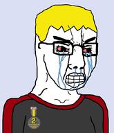 badge bloodshot_eyes clenched_teeth clothes crying glasses hair lips nate soot_colors soyjak text v-shaped_eyebrows variant:chudjak yellow_hair // 852x994 // 46.0KB