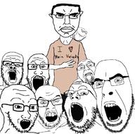 arm clothes ear full_body glasses hair hand lips multiple_soyjaks open_mouth smile stubble subvariant:chudjak_front subvariant:unbotheredchud text tshirt variant:a24_slowburn_soyjak variant:bernd variant:chudjak variant:cobson variant:feraljak variant:gapejak variant:impish_soyak_ears variant:markiplier_soyjak variant:soyak // 1187x1175 // 202.0KB