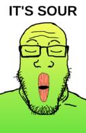 closed_eyes ear frown glasses green_skin gum its_over sad sour sour_gum soyjak stretched_mouth stubble text variant:markiplier_soyjak // 600x926 // 226.6KB
