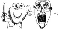 2soyjaks glasses holding_knife holding_object knife oekaki open_mouth smile soyjak stubble variant:impish_soyak_ears variant:unknown // 500x250 // 27.0KB