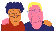 afro brown_skin closed_mouth corporate_memphis glasses meta:absolutely_fucking_insane_resolution meta:tagme minimalism no_eyes no_more_brother_wars pink_skin smile style_emulation variant:cobson variant:feraljak yellow_hair // 6000x3375 // 132.2KB