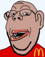 amerimutt clothes ear glasses mcdonalds mutt mutt_lips open_mouth red_lips red_shirt series:fusionjaks series:muttverse soyjak subvariant:gapemutt tan_skin teeth transparent_background variant:gapejak // 1000x1250 // 37.0KB