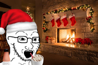christmas fire gaping_mouth glasses hot_chocolate irl_background santa_hat soy soylent soylent_(cacao) stubble teeth variant:soyak // 612x408 // 396.7KB
