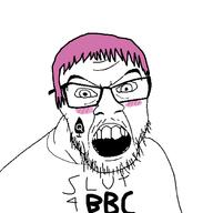 angry bbc blush clothes glasses hair open_mouth pink_hair queen_of_spades soyjak stubble tattoo text variant:feraljak // 1500x1500 // 82.7KB