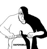 biting_lip blart glasses ominous open_mouth riding scooter smile soyjak stubble variant:blartjak // 876x921 // 24.8KB