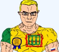 arm award blue_eyes buff christianity closed_mouth clothes crown eastern_orthodox eyes_like_the_o-o-cean flag flag:penza_oblast flag:russia glasses hair military oblast orthodox_cross penza_oblast russia soldier soyjak subvariant:chudjak_front subvariant:muscular_chud text transparent transparent_background tshirt variant:chudjak vein wheat yellow_hair yevgeny_rodionov // 1059x929 // 164.1KB