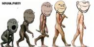 5soyjaks arm banner blue_eyes brown_skin chimpanzee ear evolution foot full_body glasses grey_skin hair hand holding_object leg meta:possibly_duplicate open_mouth smile soyjak soyjak_party stick stubble subvariant:wholesome_soyjak variant:gapejak variant:impish variant:impish_soyak_ears white_skin // 300x150 // 66.3KB