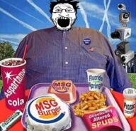 badge burger_king chemtrails cup david_dees flag george_bush_jr glasses gmo hamburger irl_background meds msg open_mouth prozac security_camera soda soyjak stubble united_states variant:markiplier_soyjak // 825x791 // 1.1MB