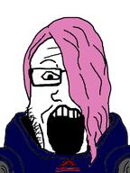 cyborg glasses hair metal_gear metal_gear_rising mistral open_mouth pink_hair sci-fi soyjak variant:markiplier_soyjak // 600x800 // 88.3KB