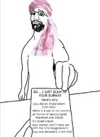 arab arm beard closed_mouth colonialism copypasta downvote glasses hand holding_object incel islam israel keffiyeh mustache palestine paper smug terrorist text trad variant:bartender war // 595x810 // 46.4KB
