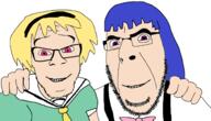 2soyjaks anime blue_hair bowtie clothes friendship furude_rika glasses godtoko hair higurashi houjou_satoko hugging necktie no_more_brother_wars pink_eyes purple_eyes purple_hair school_uniform smile stubble suspenders variant:cobson variant:feraljak white_background yellow_hair // 1876x1076 // 233.3KB