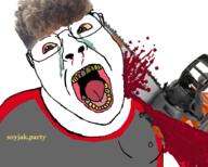 blood bloodshot_eyes chainsaw glasses gore meta:tagme open_mouth soyjak_party subvariant:chainsaw_bernd tongue variant:bernd yellow_teeth zoomer // 898x720 // 483.9KB