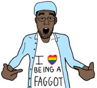 black_skin faggot glasses i_love lgbt nigger open_mouth pointing soyjak stubble tyler_baudelaire tyler_the_creator variant:shirtjak // 618x559 // 47.1KB