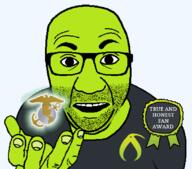 artist:bucephalus_(kiwi_farms) award clothes glasses green_skin hand holding_object kiwifarms looking_at_you marine open_mouth perro_hold semper_fidelis series:kiwiperros soyjak sticker stubble subvariant text transparent_background true_and_honest_fan_award tshirt variant:el_perro_rabioso // 820x720 // 75.1KB