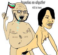 armeniroach asian bant_(4chan) beard breasts brown_eyes brown_skin bug bulgaria cockroach crazed crying drool fat female flag glasses gross hair hand holding_flag holding_object leg mucus nipple nsfw open_mouth sex soyjak spanish_text stubble subvariant:soyak_(crazed) tattoo text variant:soyak yellow_skin // 675x637 // 107.8KB