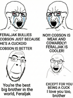 4soyjaks angry bloodshot_eyes brother crying cuck cuckold eyebrows forehead_lines glasses meme open_mouth seethe smile stubble teeth text variant:cobson variant:feraljak variant:soyak white_background // 1792x2400 // 5.8MB