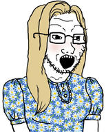 blush clothes dress female glasses hair open_mouth soyjak stubble subvariant:trad_wife sundress trad variant:soyak wojak yellow_hair // 734x913 // 212.1KB