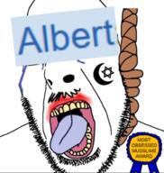 accessory albert_(user) award badge bloodshot_eyes crying glasses hanging merge most_obsessed_faggot_award mudslime mustache open_mouth ribbon rope soyjak star_and_crescent star_of_david stubble suicide teeth text tongue variant:bernd variant:cobson // 667x702 // 399.4KB