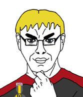 artist:nathaniel_higson closed_mouth ear fist glasses hair imageboard medal nate red_shirt sharty smile soyjak_party soyteen steve_jobs subvariant:steve_chuds thick_eyebrows thinking uniform variant:chudjak yellow_hair // 1138x1320 // 181.5KB
