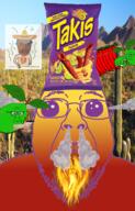 angry arm brown_skin button chili closed_mouth clothes ear fire fume glasses green_skin gun hand hat holding_object irl_background lime multiple_soyjaks open_mouth pepper pointing pointing_at_viewer red_skin smile smug sombrero soyjak stubble subvariant:chudjak_front takis variant:bernd variant:chudjak variant:markiplier_soyjak variant:soyak // 1080x1686 // 2.2MB