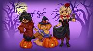 artist:huwabag bowtie coco_(ongezellig) coomer_artstyle costume drawing female halloween maya_(ongezellig) mymy_(ongezellig) ongezellig orange_hair pumpkin toss vampire variant:cobson variant:soyak witch // 4350x2400 // 5.9MB