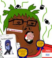 3soyjaks 4chan 4cuck anime award bernkastel black_skin clothes flies glasses hair hand hello_my_name_is_(sticker) holding_phone lips name_tag nigger open_mouth purple_hair qa_(4chan) rot_(user) shitoko shitskin stink_lines stinky stubble text tranime_girl tshirt umineko variant:meximutt variant:tony_soprano_soyjak video_game yotsoyba // 532x591 // 177.2KB
