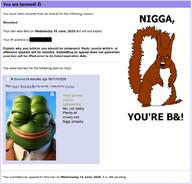 admin amphibian ban boot_(user) censor_bar censorship frog nas:pepe pepe_the_frog rulecucked soyjak_party squirreljak subvariant:feralsquirrel trend:squirreljakking variant:feraljak // 710x681 // 210.1KB
