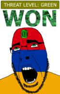 ahegao armenia country emerald flag flag:armenia gem glasses green green_eyes hair looking_up open_mouth schlog_color_event soyjak soyjak_blog stubble teeth text threat_level_green variant:cobson won // 721x1115 // 138.6KB