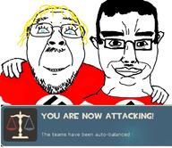 2soyjaks blue_eyes chud chud_troon_alliance closed_mouth ear friendship glasses hair hand mustache nazism smile stubble subvariant:chudjak_front swastika team_fortress_2 text valve variant:bernd variant:chudjak video_game yellow_hair // 799x692 // 364.4KB