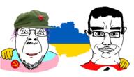 2soyjaks chud_troon_alliance closed_mouth clothes communism ear friendship glasses hair hammer_and_sickle hat mustache nazism purple_hair smile soyjak stubble subvariant:chudjak_front swastika ukraine variant:bernd variant:chudjak // 938x541 // 270.9KB