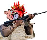 ack amerimutt anglo_bvll_(namefag) ar_15 arm armor black_Hands brown_skin front_facing gun headshot holding_gun kelvar_vest open_mouth rifle subvariant:impish_amerimutt teeth variant:impish_soyak_ears vest // 808x689 // 762.8KB