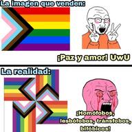 angry blush globohomo happy lgbt peace_sign pink_skin pride_flag progress_pride_flag sjw spanish_text swastika tranny uwu variant:soyak variant:wojak // 720x720 // 88.6KB