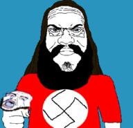 2soyjaks angry beard bloodshot_eyes blue_eyes brown_hair closed_mouth clothes crying fist glasses hair jimmy_davis mustache punisher_face purple_hair soyjak stubble subvariant:science_lover swastika tongue tranny variant:jimmy_davis variant:markiplier_soyjak // 628x605 // 32.0KB