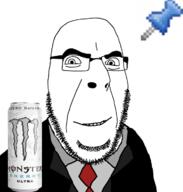 clothes glass glasses looking_at_you monster_energy necktie push_pin smile soyjak sticky stubble suit toast variant:cobson white // 680x713 // 198.3KB