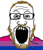 bisexual bloodshot_eyes brown_hair brown_stubble clothes coomer eye_bags flag:bisexual_pride_flag gooner moustache variant:markiplier_soyjak white_skin // 1035x1200 // 86.4KB