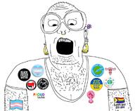 antifa badge black_lives_matter clothes coronavirus_pandemic ear earring feminist flag glasses hair hairy lgbt open_mouth progress_pride_flag raised_fist_(symbol) soyjak stubble text tranny tshirt vaccine variant:unknown // 1147x942 // 379.1KB