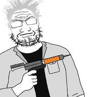angry glasses glowing_eyes grey_hair holding_gun holding_object lab_coat sam_hyde scientist subvariant:dr_soystein syringe syringe_gun variant:markiplier_soyjak // 1183x1200 // 54.2KB